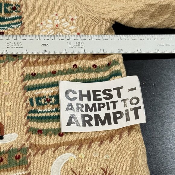 Crystal Kobe Embroidered Christmas Patchwork Tan Cardigan Sweater Womens Large - Picture 10 of 11